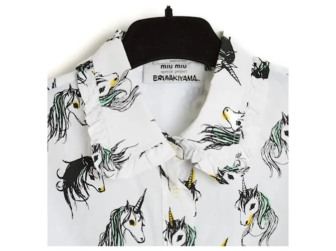 2016 Miu Miu Eri Wakiyama FR38/40 Top Shirt Unicorn US8/102016 Miu Miu Eri Wakiyama FR38/40 Top Camisa Unicornio US8/10 Blanco 