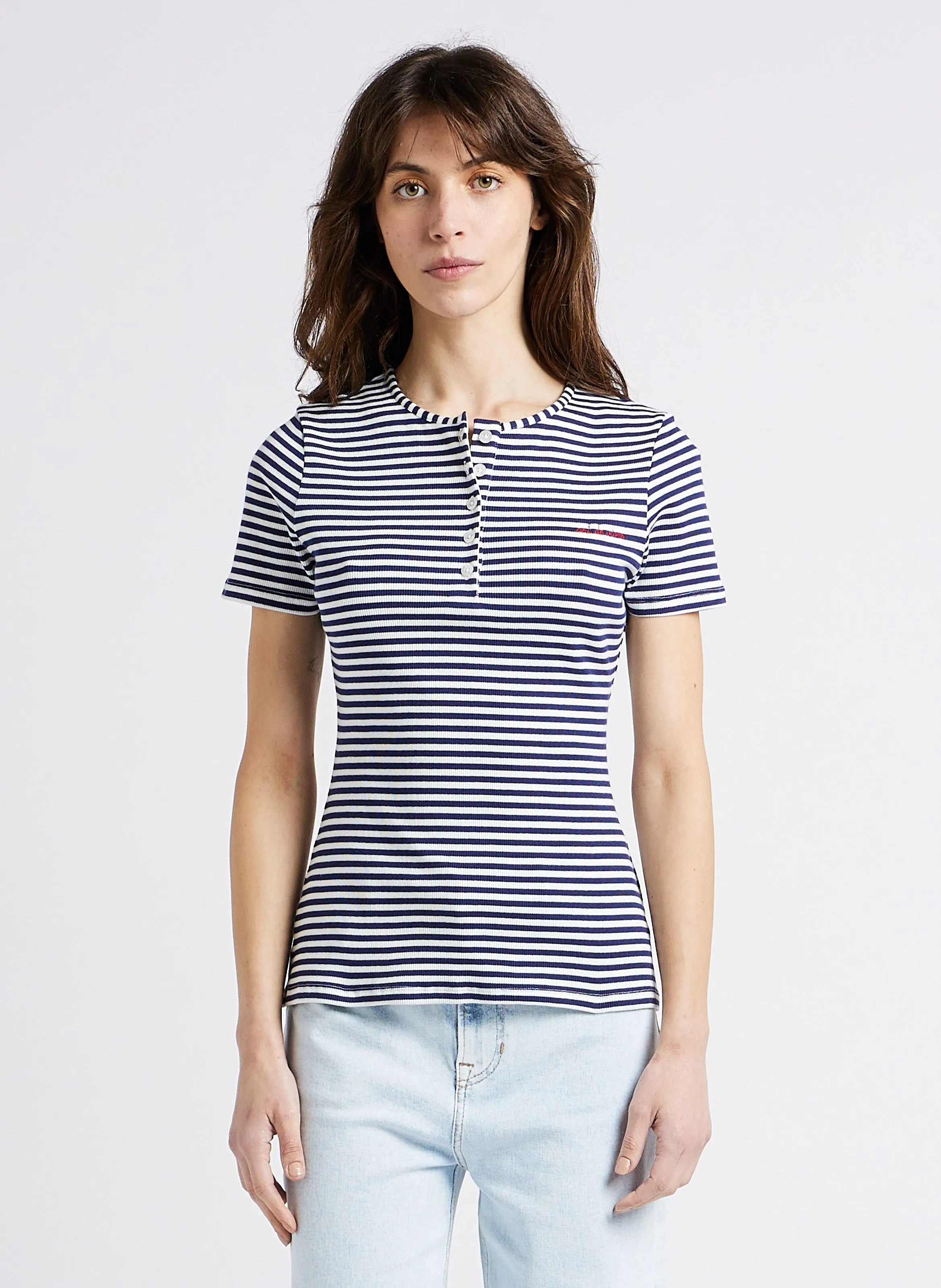 MAISON LABICHE MARETTE SS ART DE VIVRE - Top de algodón orgánico a rayas con cuello tunecino en azul