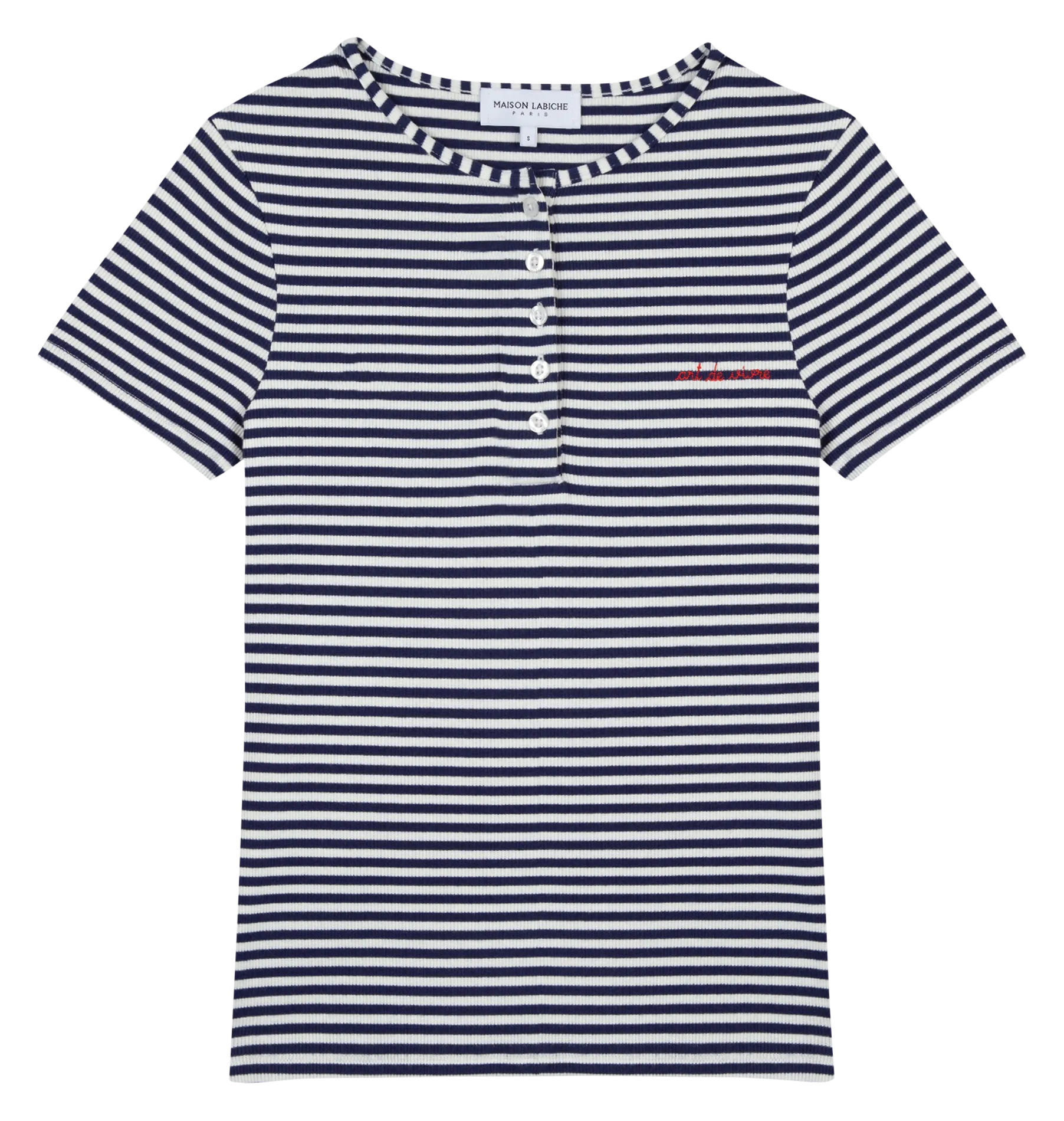 MAISON LABICHE MARETTE SS ART DE VIVRE - Top de algodón orgánico a rayas con cuello tunecino en azul