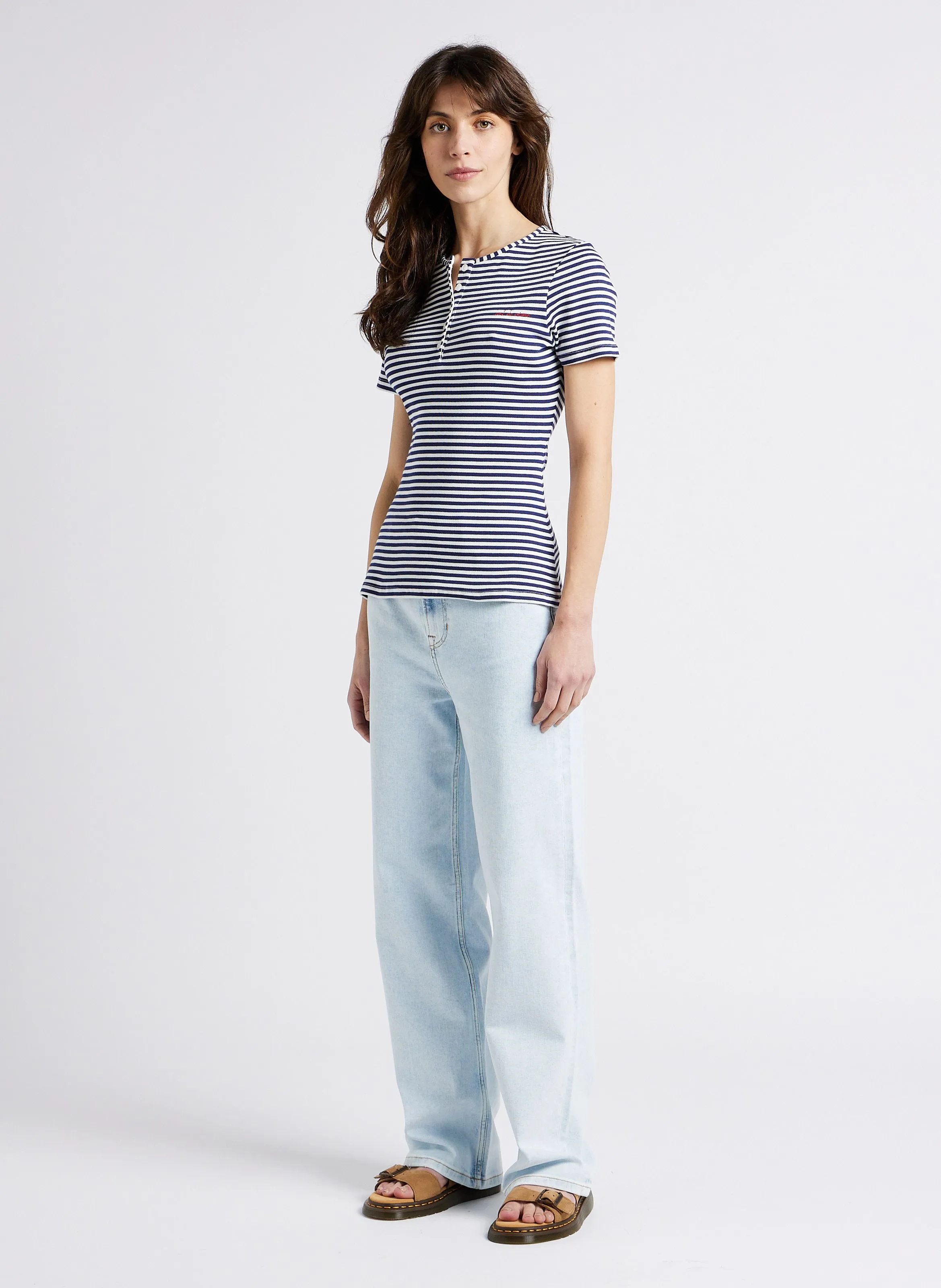 MAISON LABICHE MARETTE SS ART DE VIVRE - Top de algodón orgánico a rayas con cuello tunecino en azul