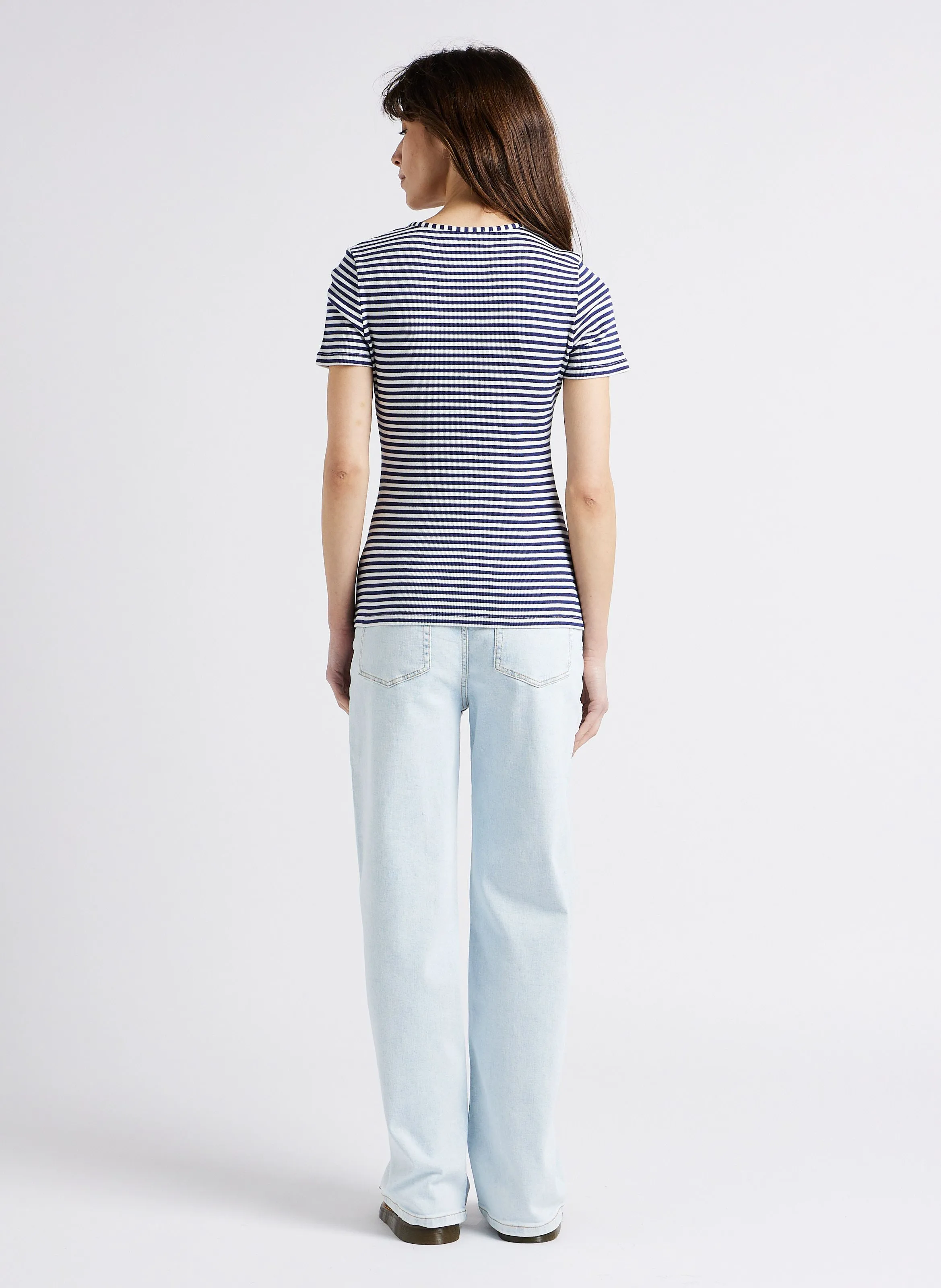 MAISON LABICHE MARETTE SS ART DE VIVRE - Top de algodón orgánico a rayas con cuello tunecino en azul